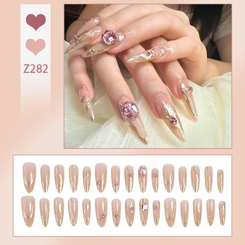 60p Stiletto Press on Nails, Nude Gold Foil Ruby Rhinestone Luxury Wedding Nails