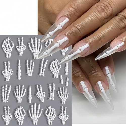 3Sheets Halloween Skeleton Nails Stickers Embossed Flower Skull Hand Bone Rose