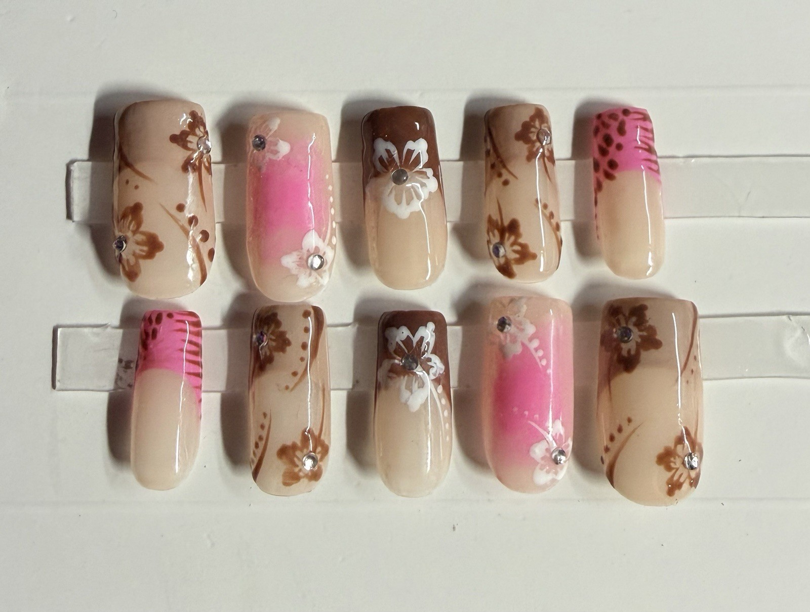 Flower French Press-On Nails Set, Medium Square, Pink Brown Beige White