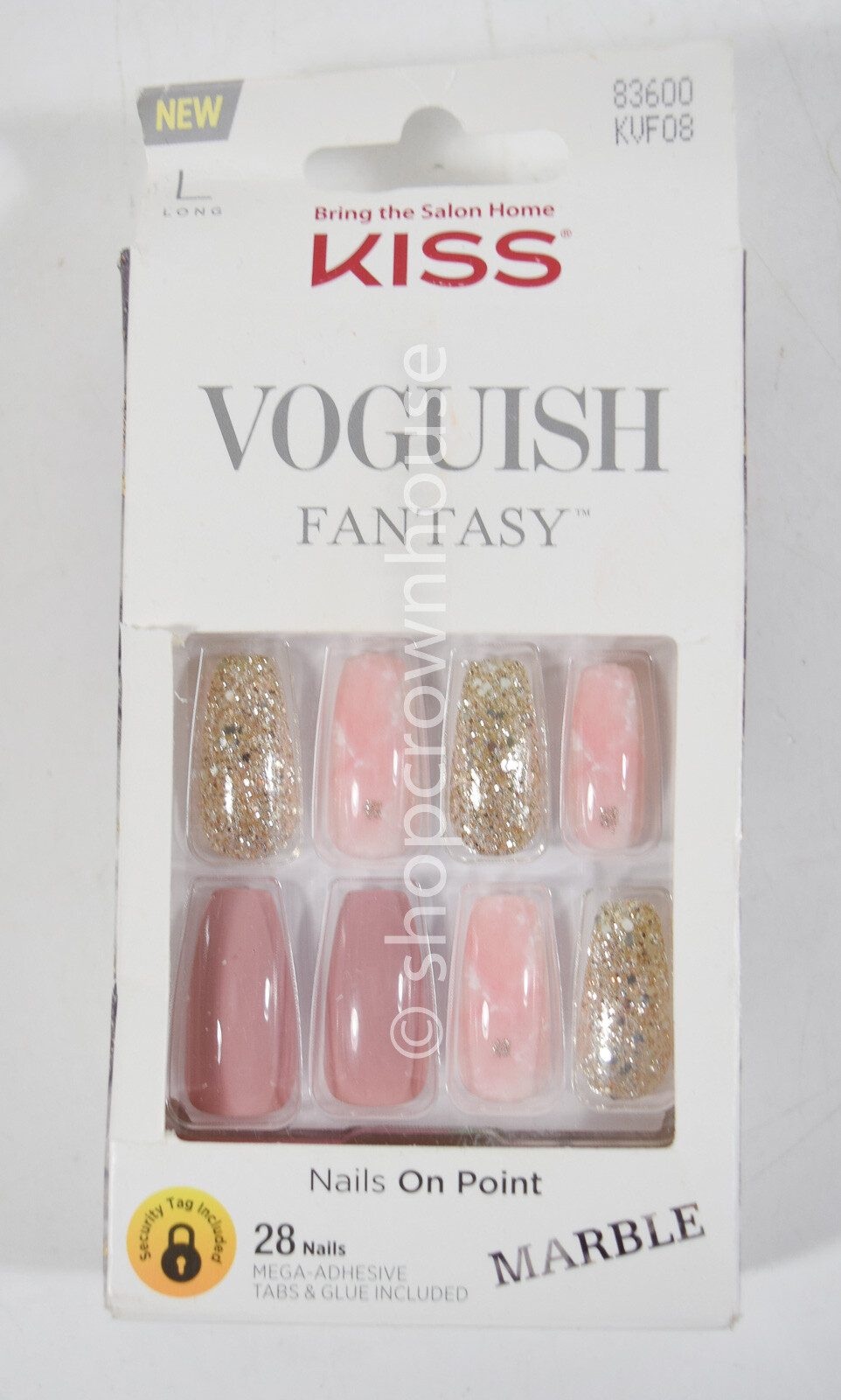 Kiss Voguish Fantasy Press-On Long Nails #83600 KVF08 gold nude & pink marble