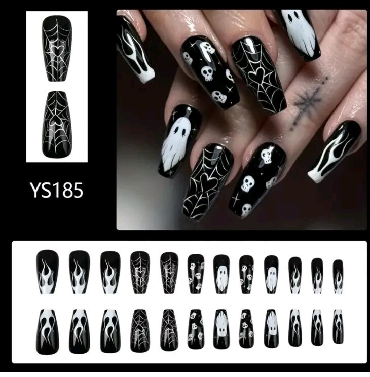 24 Pcs Halloween Nail Art Set with Tools – Middle Length Ballet Shaped Black…