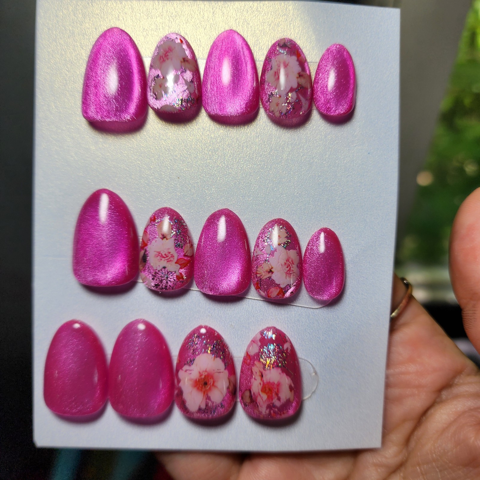 Handmade Reusable Extra Short Almond Pink Cateye Sakura Press On Nails