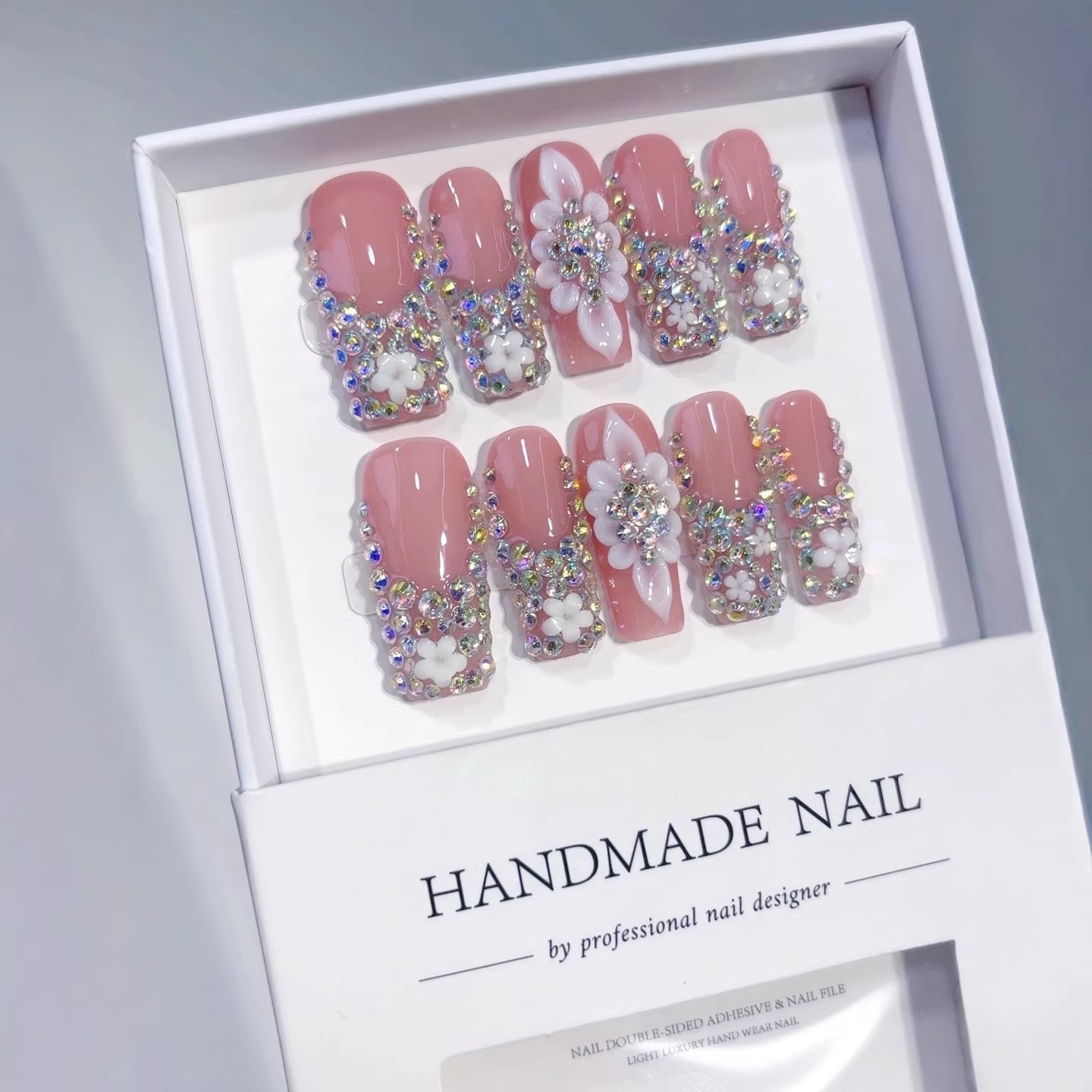 10Pcs Handmade Rhinestone 3D Carved Press On Nails Party Daily Nails