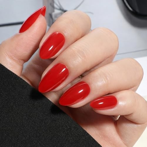 32Pcs Soft Gel Press on Nails – 16 Sizes Classic Red Almond Glue Ruby Romance