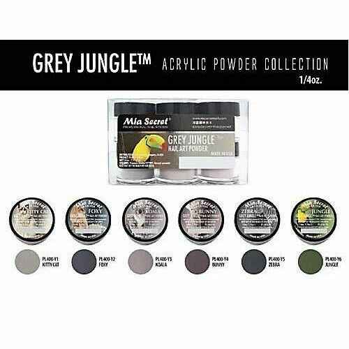 New Mia Secret Monomer 4 Ounce + GREY JUNGLE Nail Art Powder 6 Colors Set