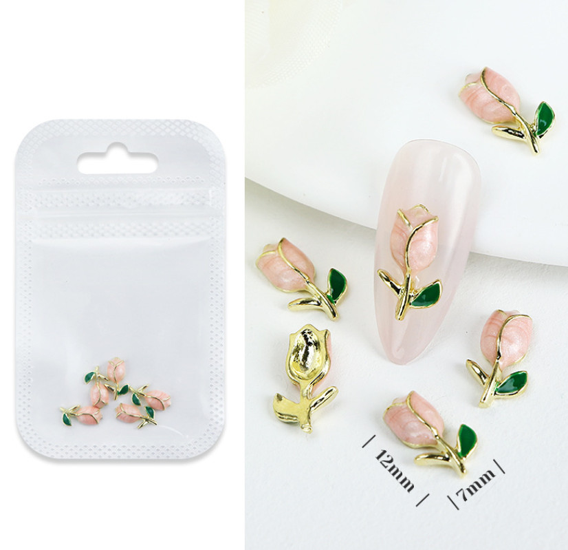 5PCS White Pink Tulip Flower Nail Art Case Charm 3D Metal Alloy Decoration NS54