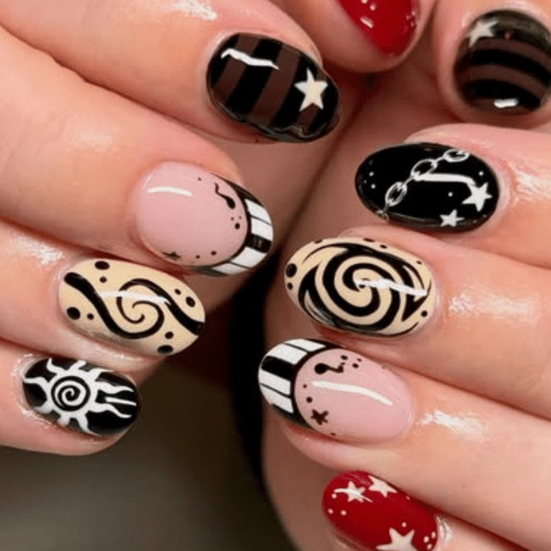 48 Pcs Swirl Star Stripe Oval Nails, Retro Unique Trendy Fake Press on Nails