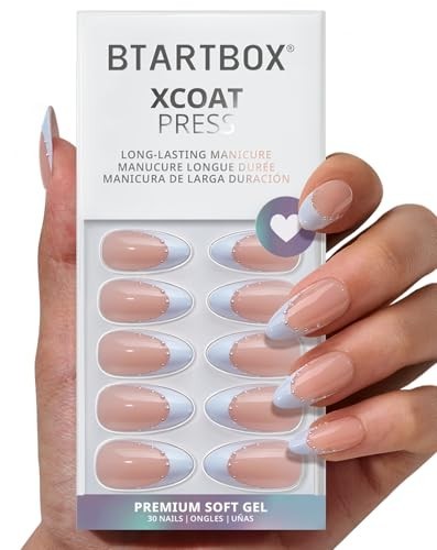 Press On Nails Medium Almond French Tip Blue 30 Count Soft Gel With Glue Tabs