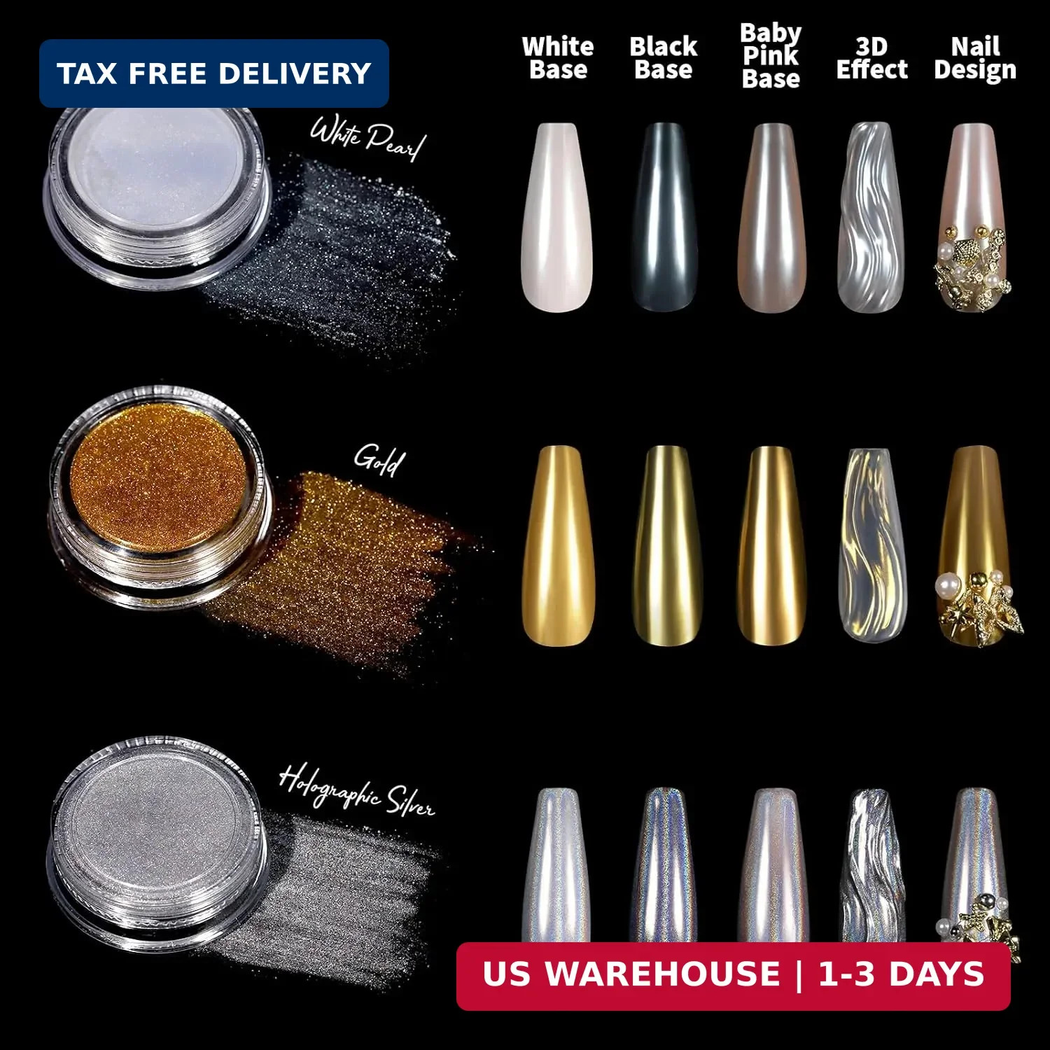 Gold Chrome Nail Powder Kit with Nail Charms and Gems, Pearl Nail Chrom