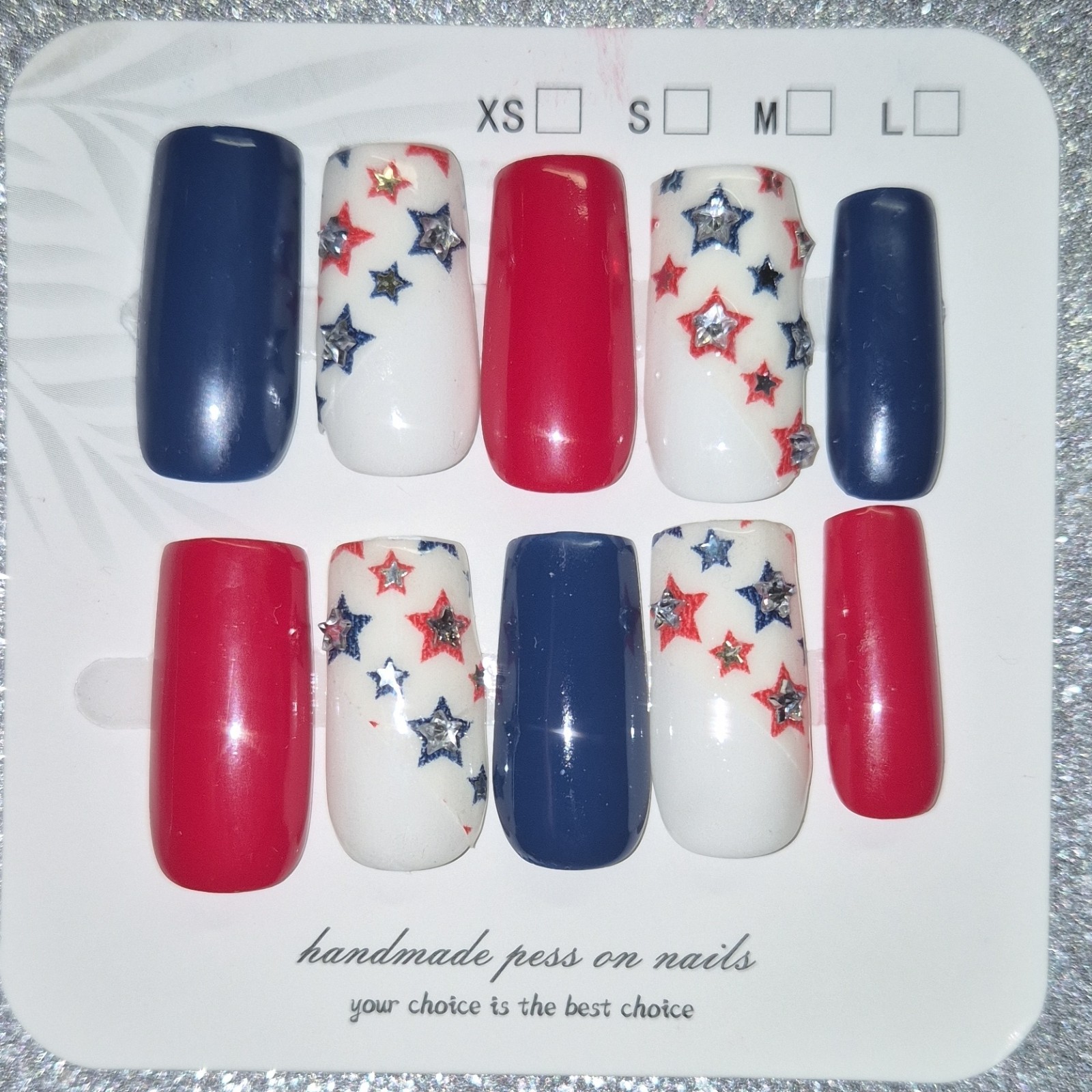 Red White Blue Shiny 3D Star Press-On Nails Set Pre-Designed Full Cover
