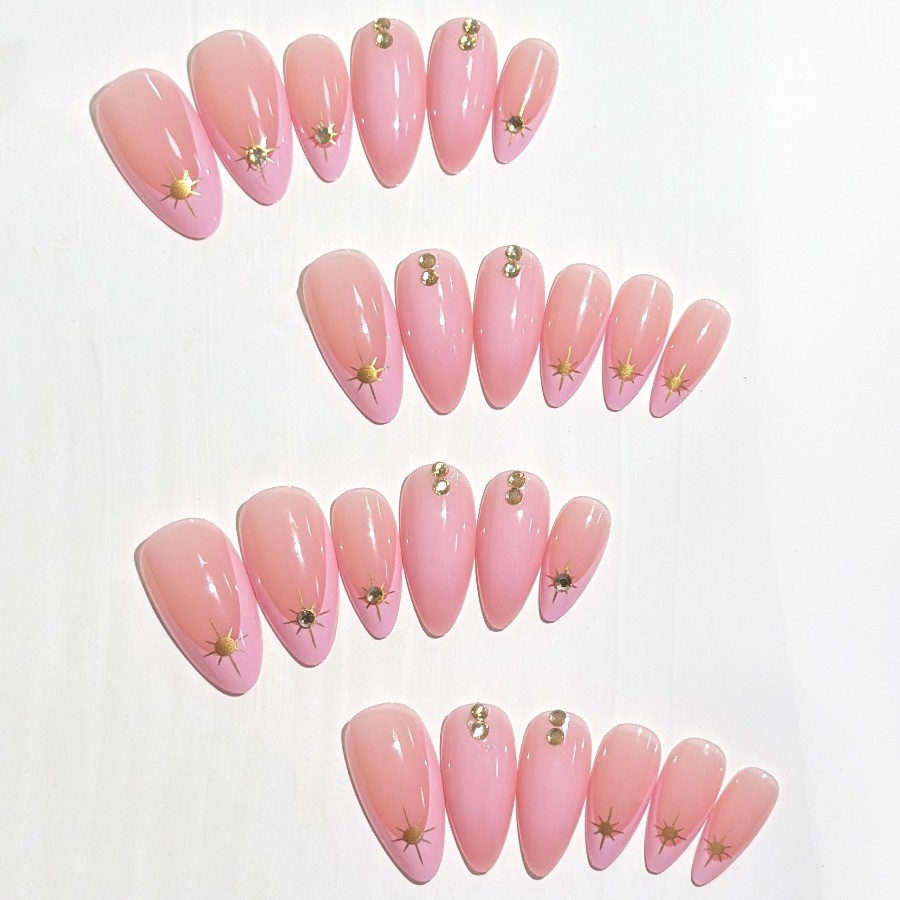 48Pcs-Long Almond Nude White French Gold Sun Star Rhinestone Press on Nails