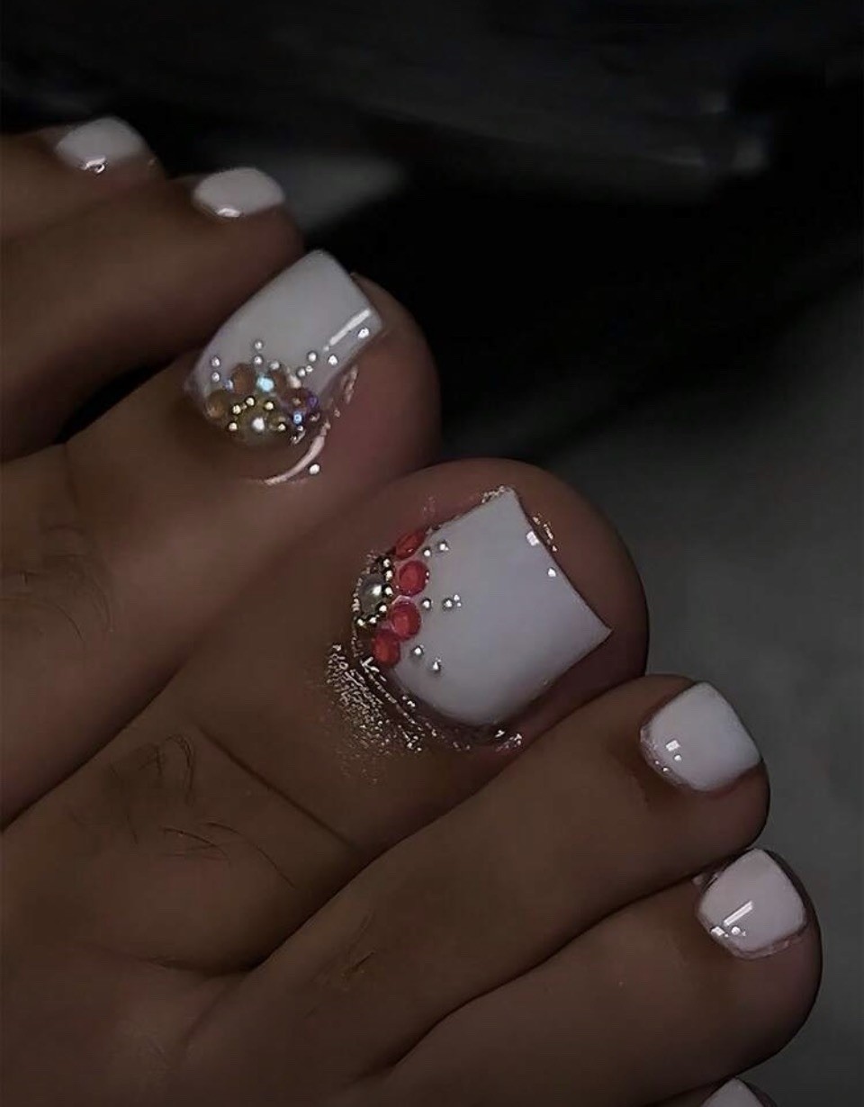 Pink, White & Silver Rhinestone Short Square Toe Nail Kit | 24-Piece Press-On
