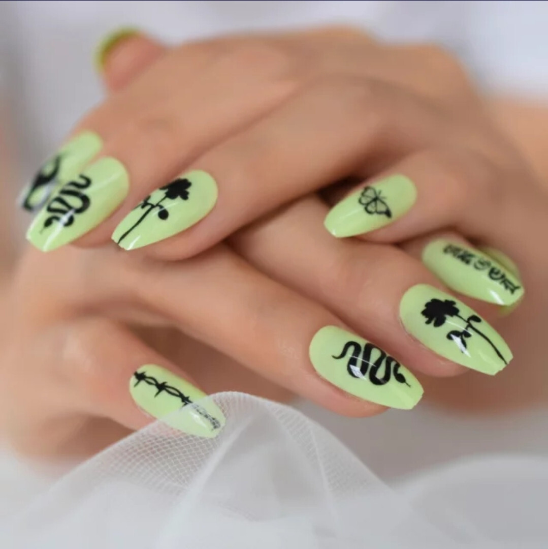 24 Medium Press on nails kit w glue Neon Green tattoo snake design goth