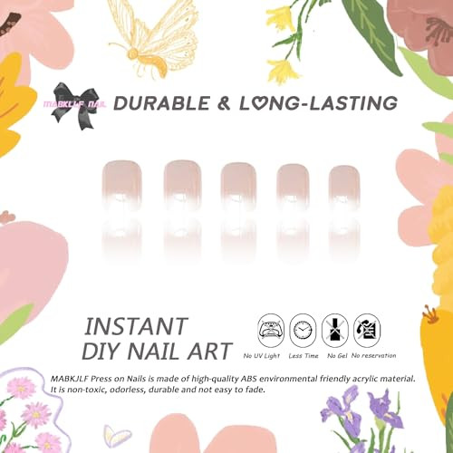 Chrome Press on Nails Short Square White Gradient Fake Nails Nude Pink S26