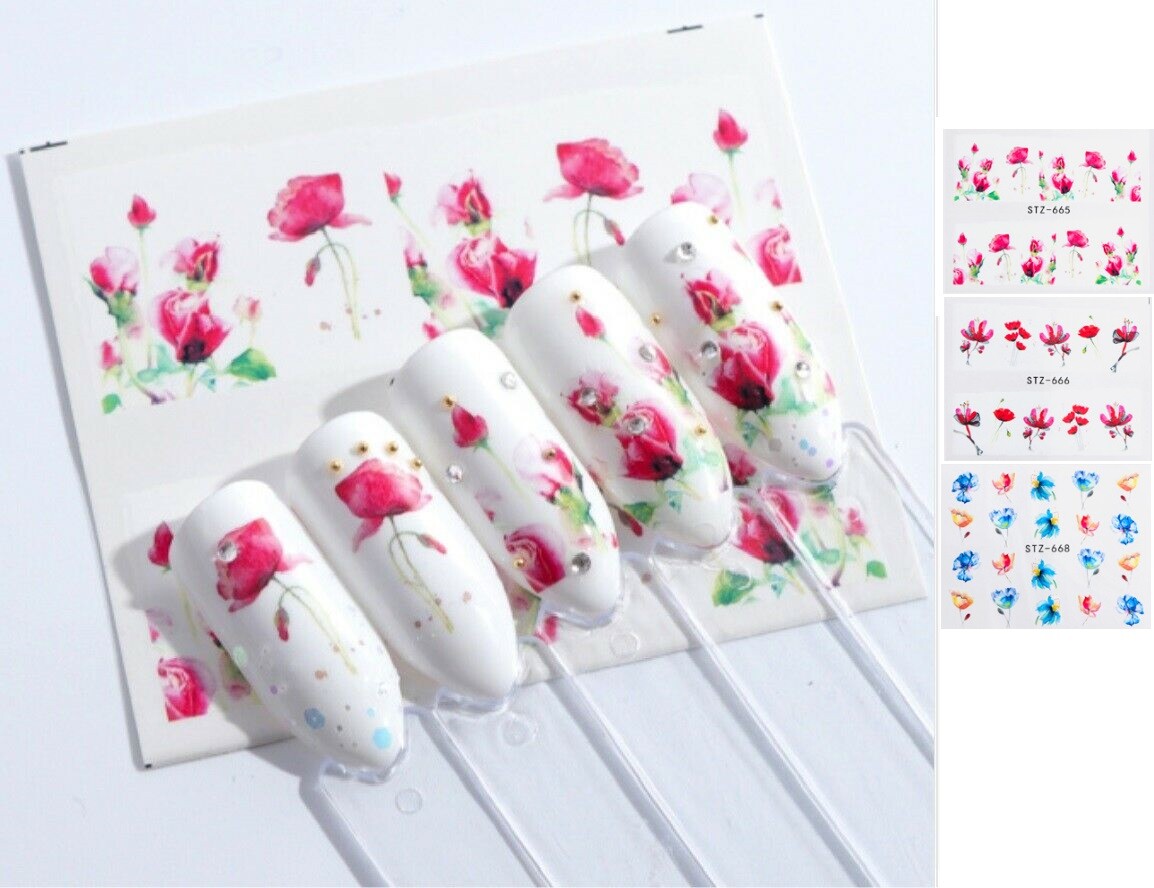 Water Nail Art Stickers Decal Red Blue Flowers Leaf Transfer Decorations NS26
