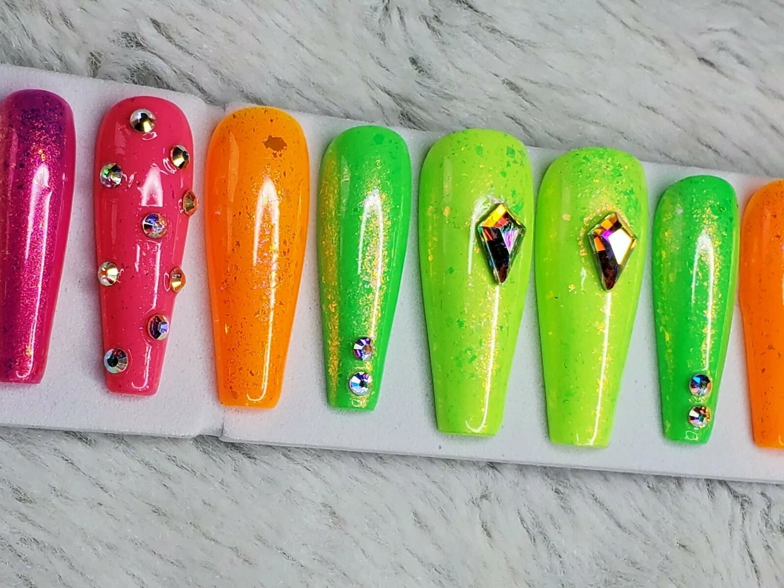 Bright neon rainbow studded crystal nails press on nails bling diamond ballerina