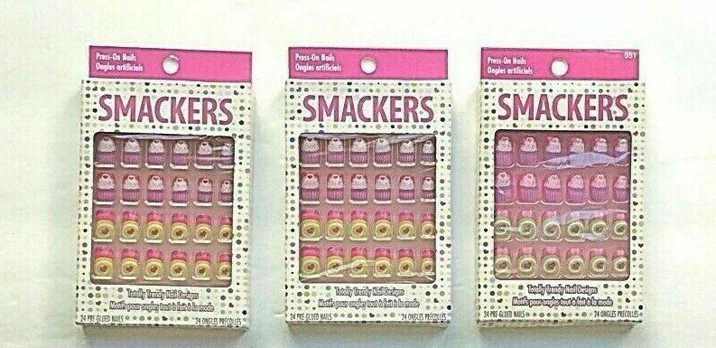 (3 PACK) SMACKERS 24 Pre-Glued Press-on Nails Cupcakes Hearts Pink Purple Sealed