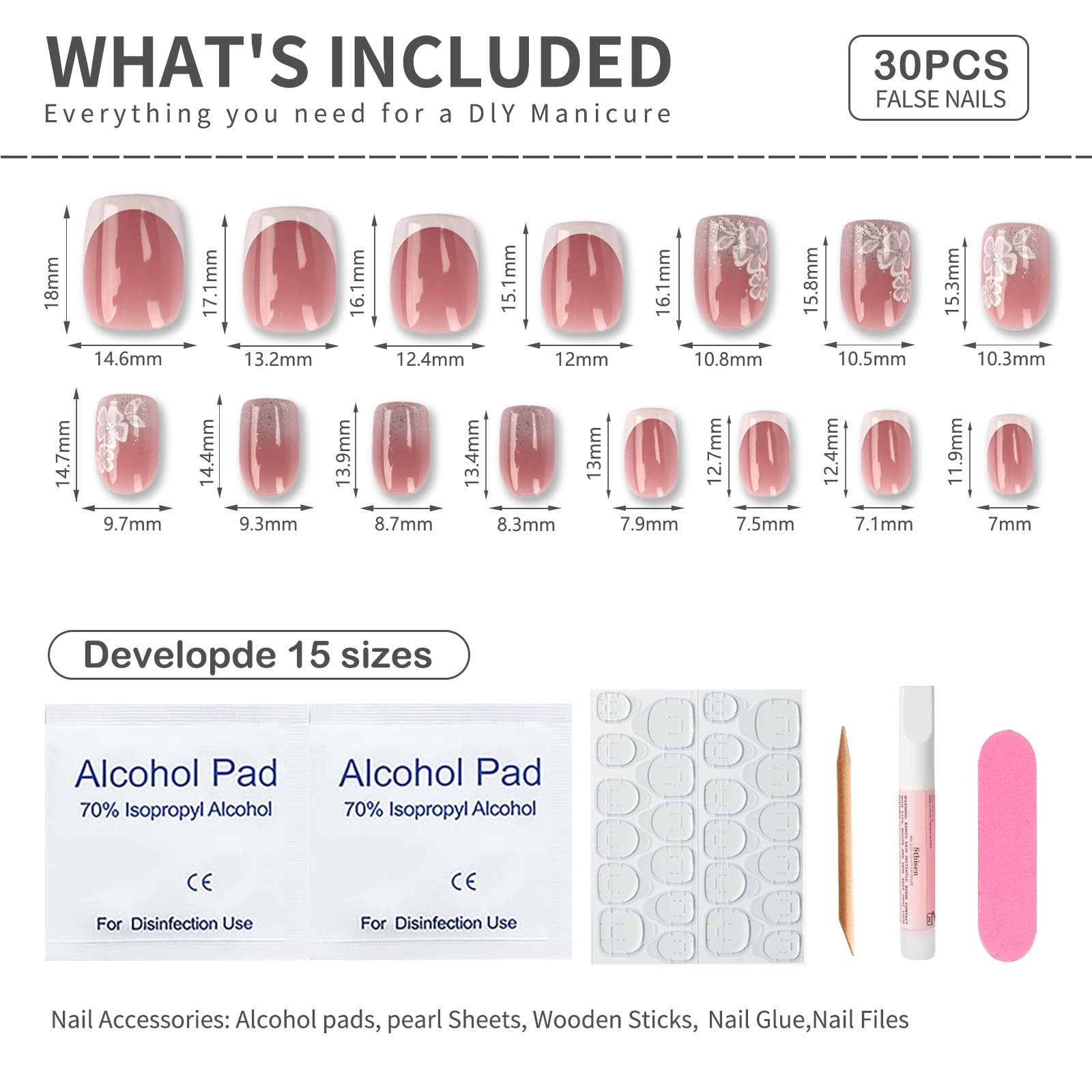 Mivota Short Square Press On Nails Short, 31-White flowers with diamonds