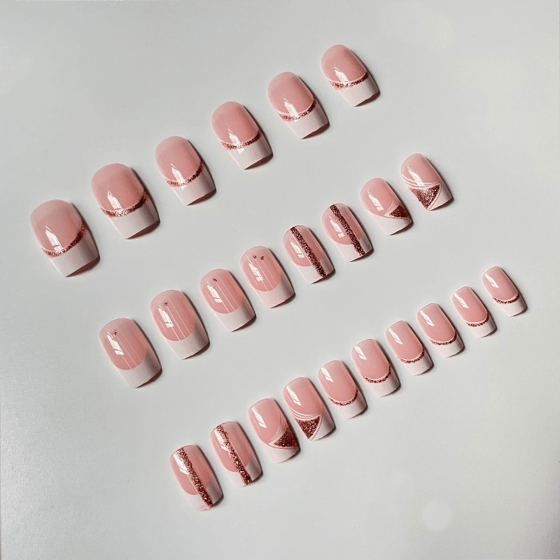 48Pcs-Elegant Nude Square French Rhinestone Rose Gold Glitter Press on Nails