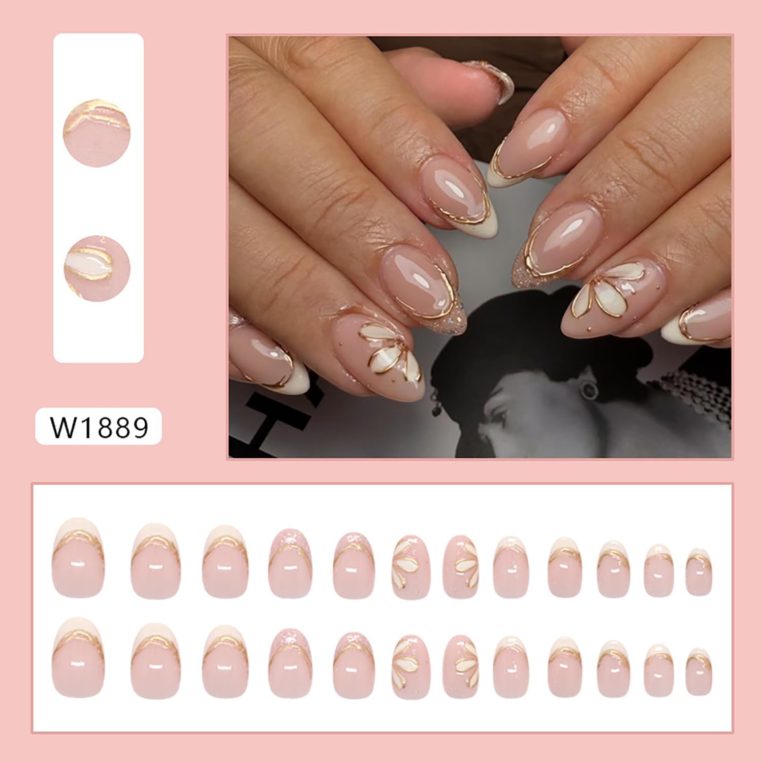 24Pcs Almond Press on Nails French Tip Fake Nails Flower Glue on Nails Medium…