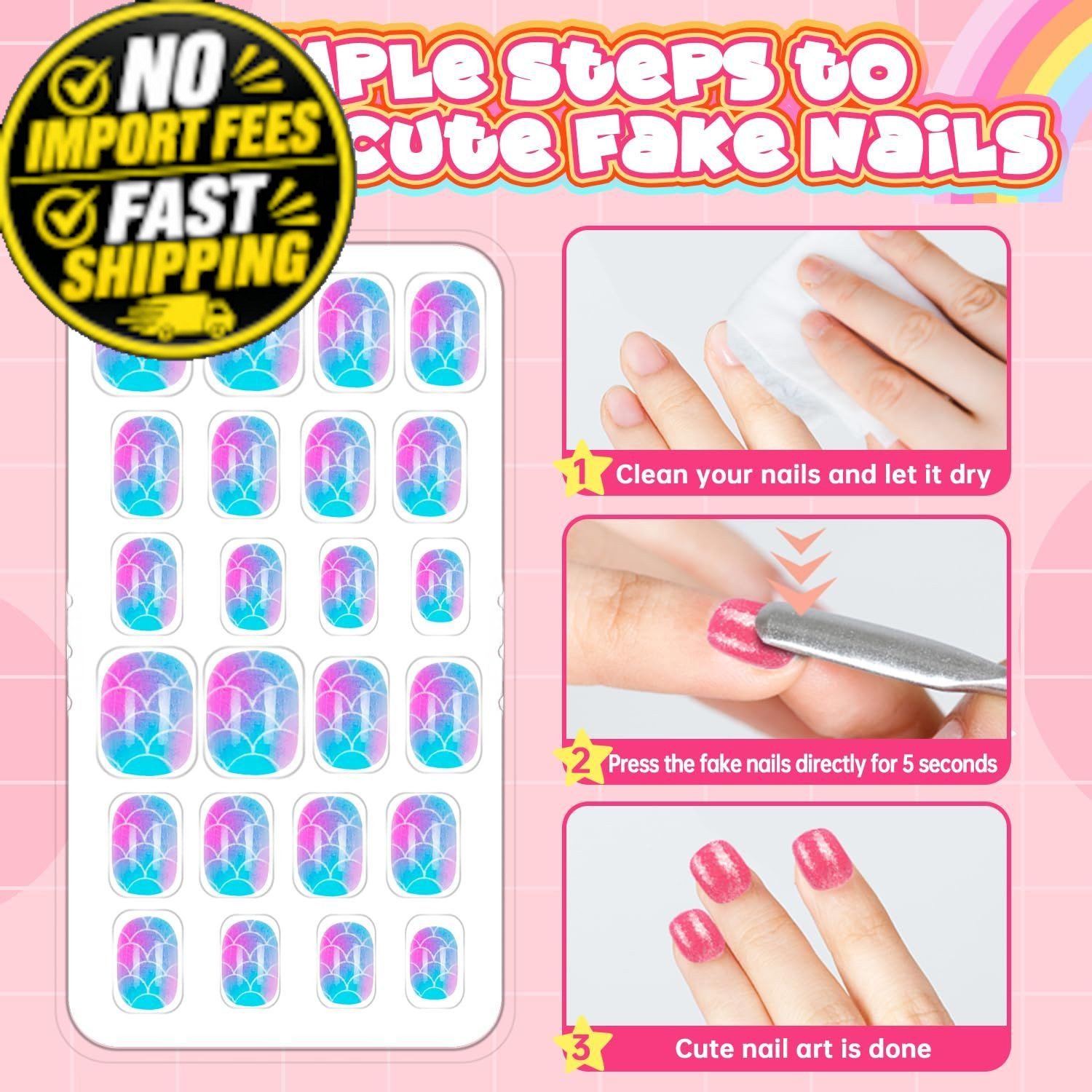 144 Pieces 6 Pack Kids Press on Nails Artificial Fake Gradient Pattern