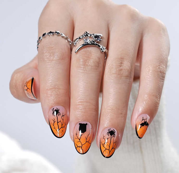 Halloween Press-On Nude Orange Ombre Spider Webb Short Almond Nails32PCS w/glue