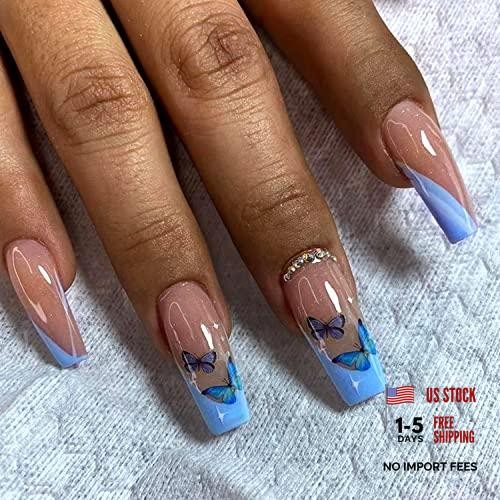Medium Blue Ballerina French Tip Press on Nails – Butterfly Design