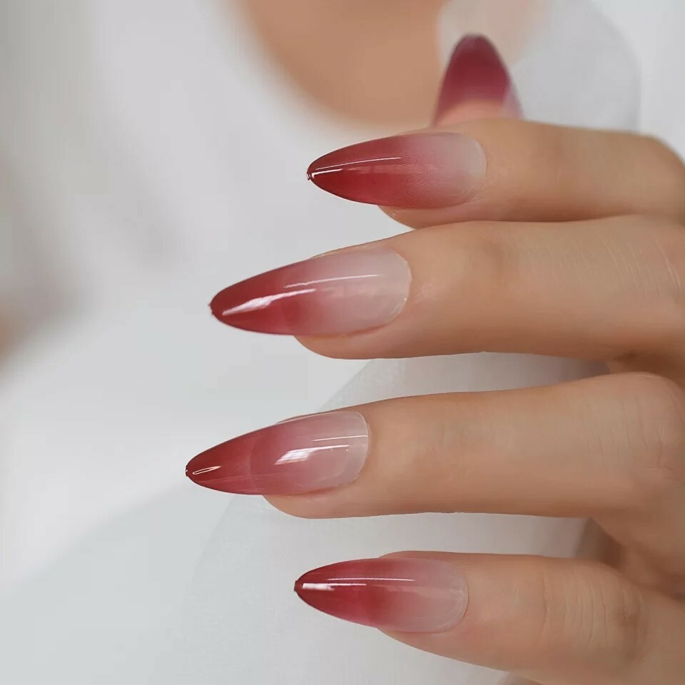 24 Ombre Rose Press On Nails w/ Glue Nude red pointed almond stiletto goth