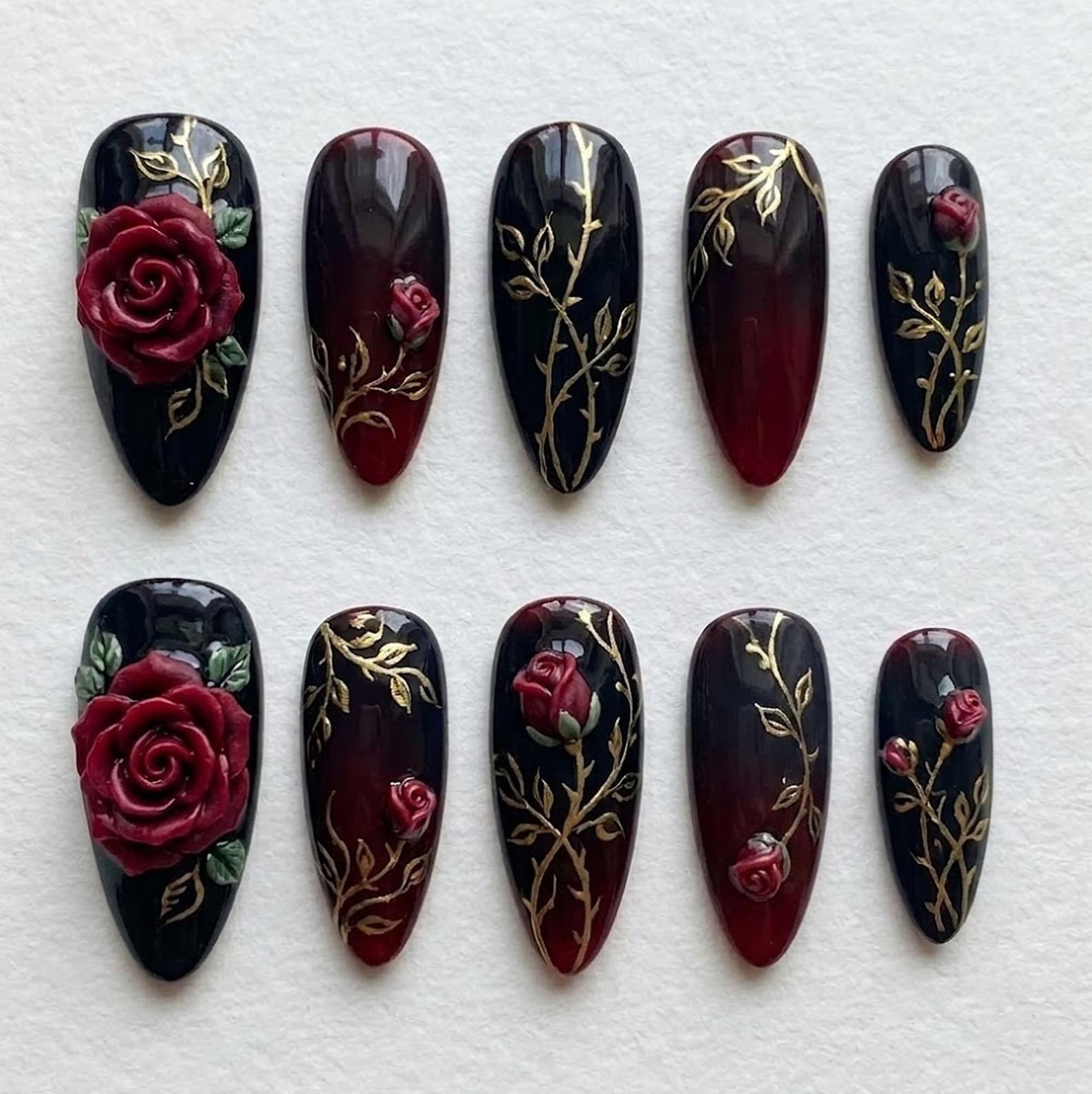 Custom Handmade 3D Burgundy Rose Gold Leaf Gradient Long Stiletto Press on Nails