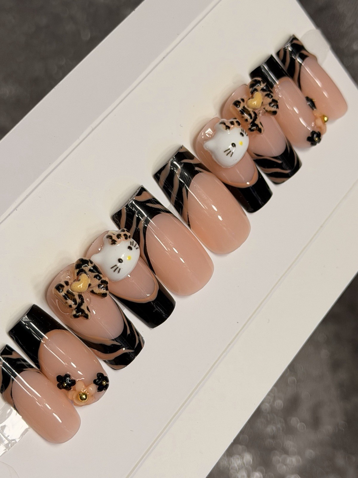 ✨ CUSTOM Press On Nails FRENCH BLACK HELLO KITTY BLING Flower 10p SET W Kit