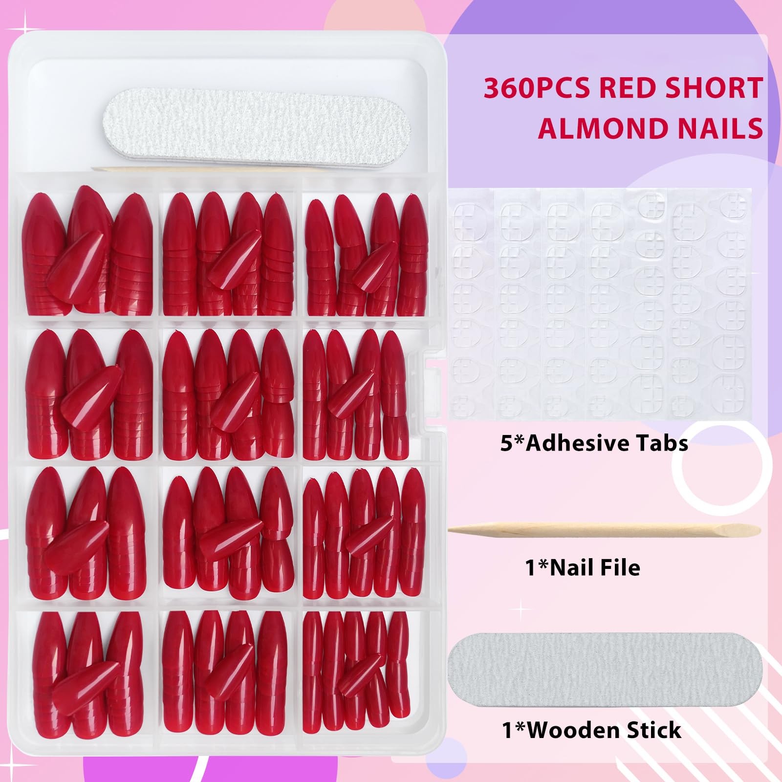Short Almond Press on Nails, 360pcs Red Fake Nails Press ons Glossy Gel Acryl…
