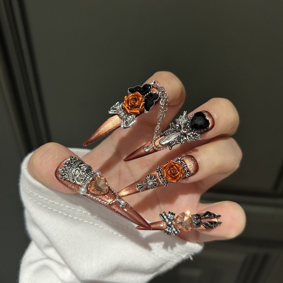 Dark Luxury Handmade Black Press On Nails Long Full Diamond