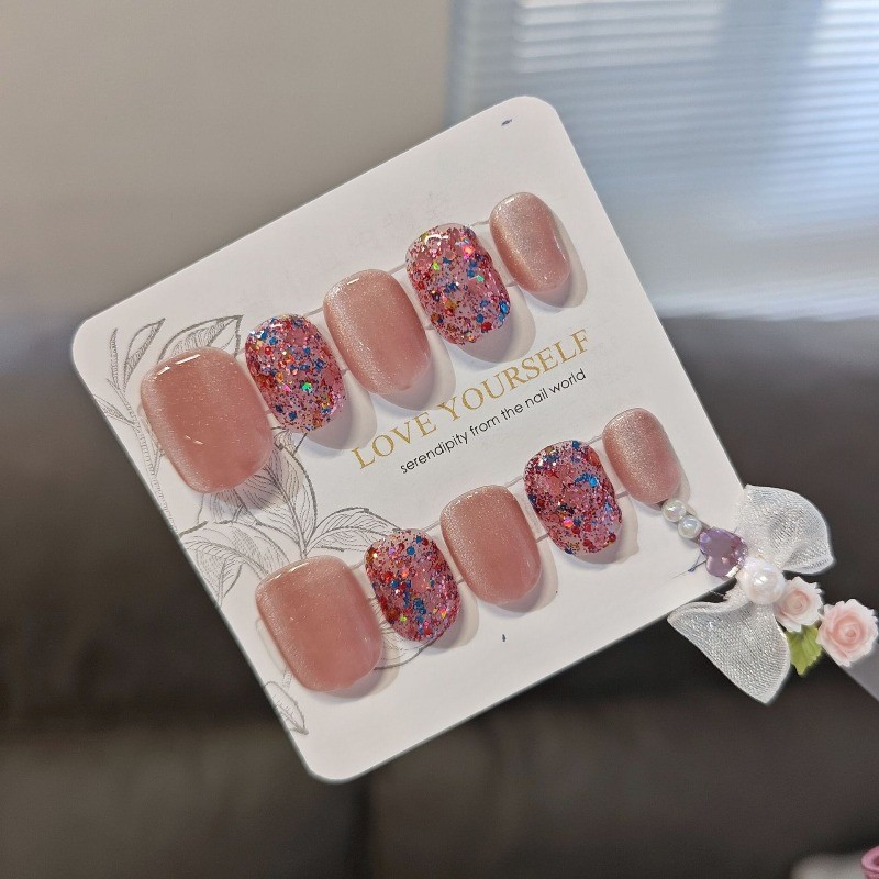 10Pcs-Short Round Nude Brown Pink Iridescent Glitter Glossy Press on Nails