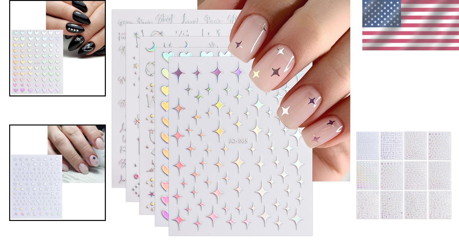 12 Sheets Nail Art Stickers Decals Glitter Holographic Star Heart Design Nails