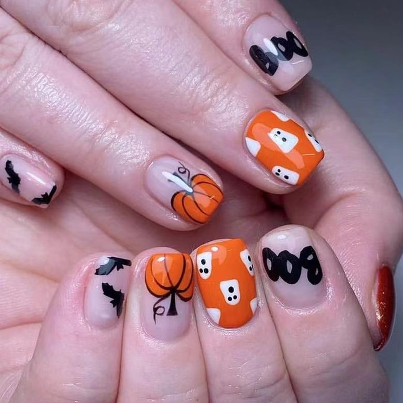 Short Halloween Press on Nails Orange Pumpkin Ghost Black Bat Design Hallowee…