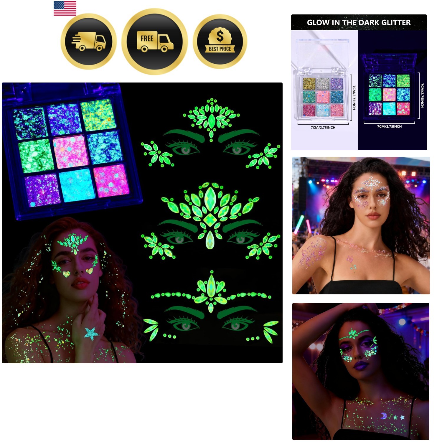 Glow in The Dark Face Glitter Hair Body Glitter Gel Face Jewels Stick On for …