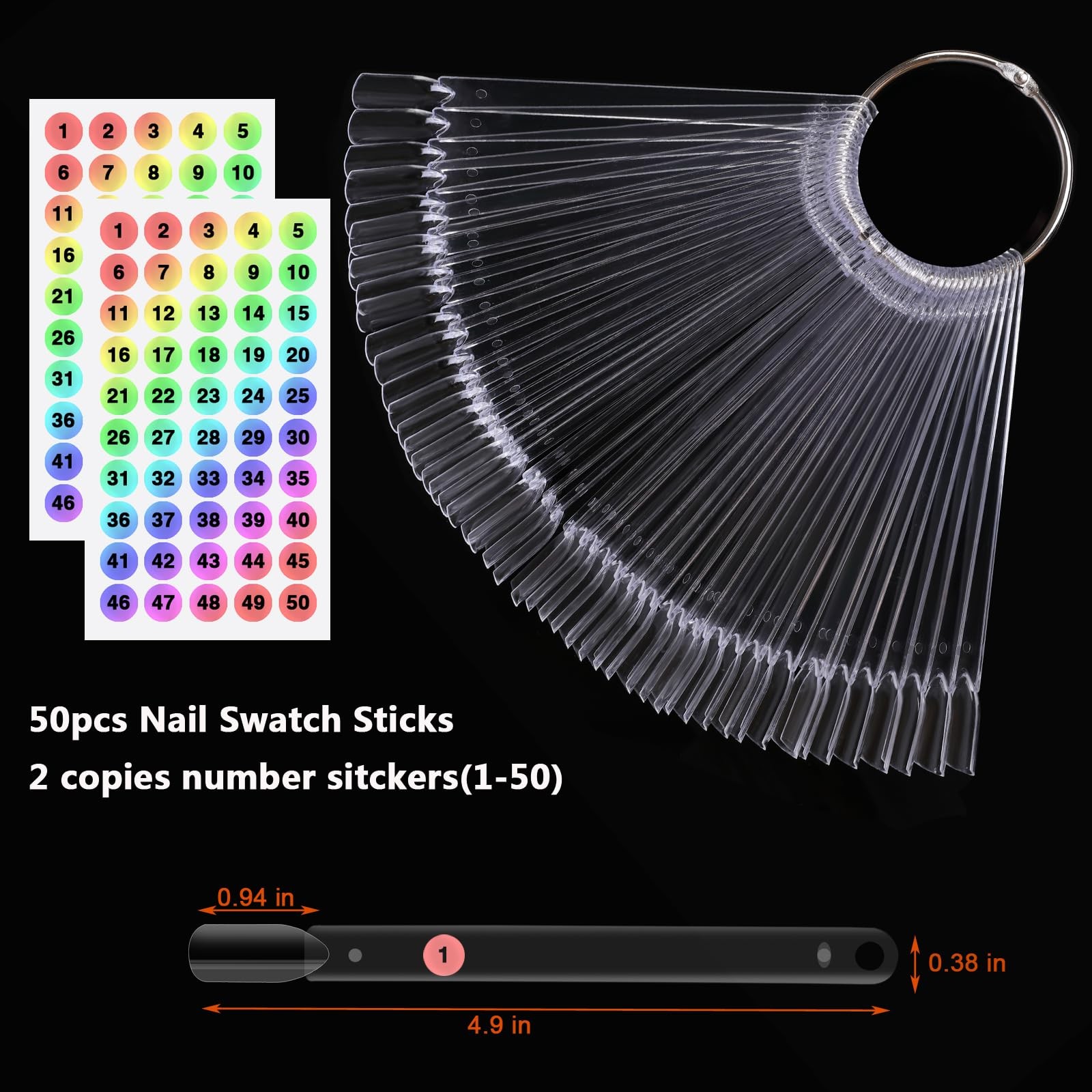 50 Pcs Clear Fan Shape Nail Color Swatches Sticks with Ring for Manicure