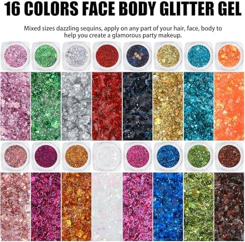 16 Colors Chunky Fine Mixed Holographic Glitter Gel Set for Face and Body Makeup
