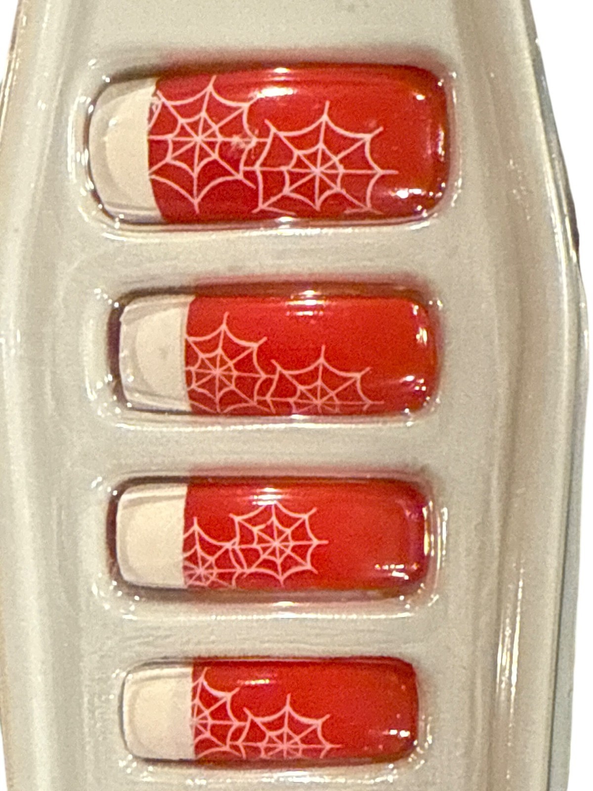 HALLOWEEN 12 Press-On Nails SPIDER WEBS Red+White Artistic Glossy Finish Playful