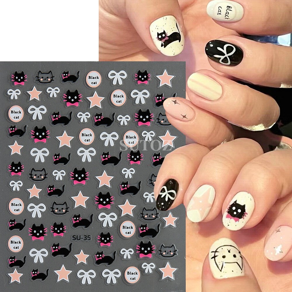 3D Cartoon ANIMAL Black Cat KITTEN Bow-knot Star NAIL ART STICKERS Su35 NH28