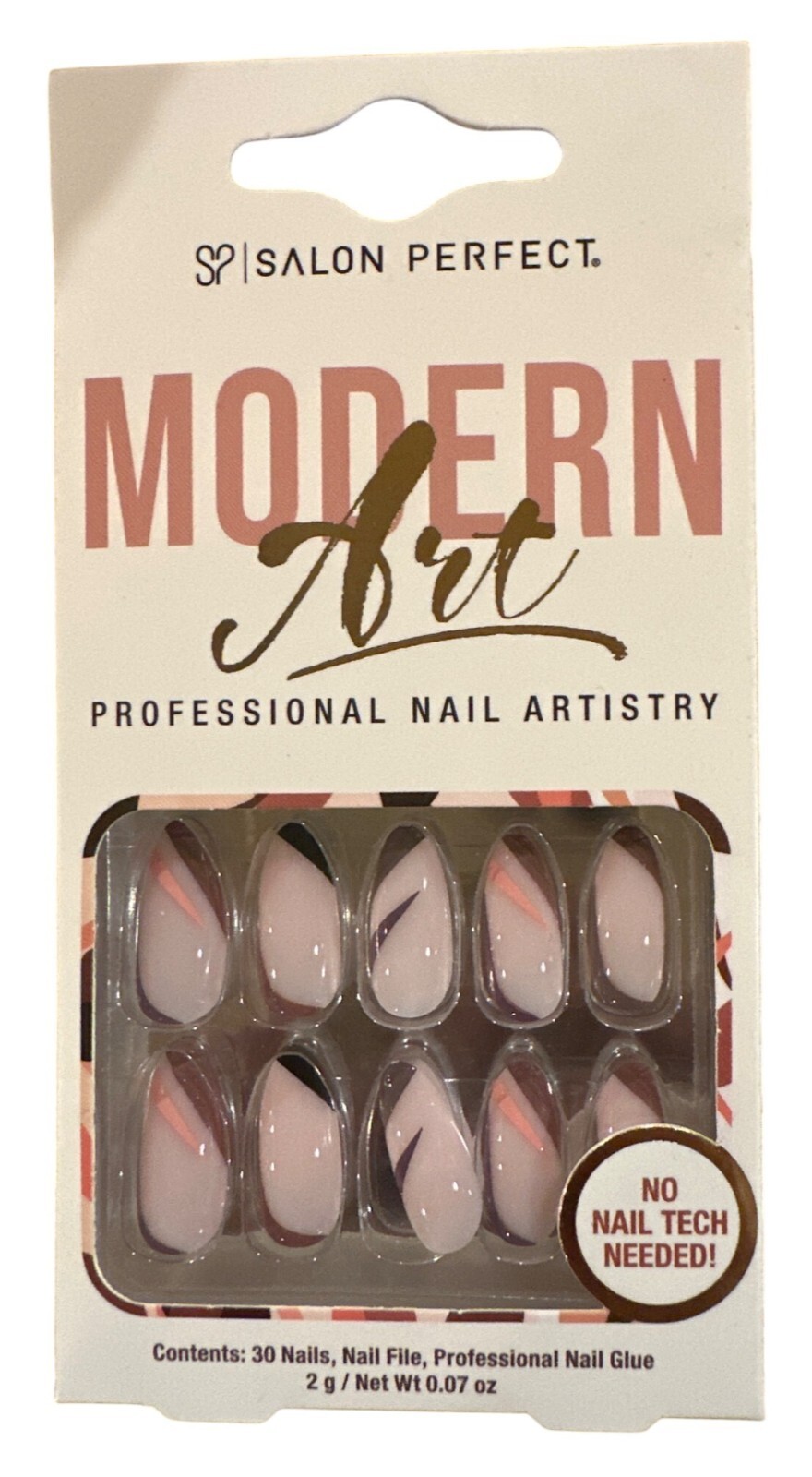 Salon Perfect 30 Nail Modern Art Long Almond Glossy Peach+Black+Fuschia Abstract