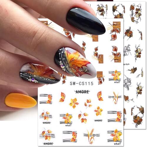 4 Sheets 3D Fall Nail Stickers,Autumn Leaf Flower Nail Art Stickers Fallen