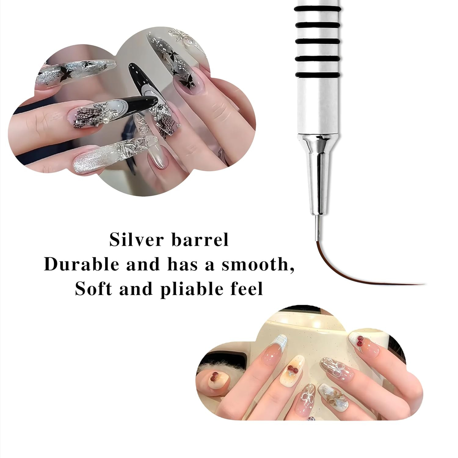 6Pcs Silver Metal Handle Nail Art Liner Brushes Set | 5/7/9/11/20/25Mm Sizes