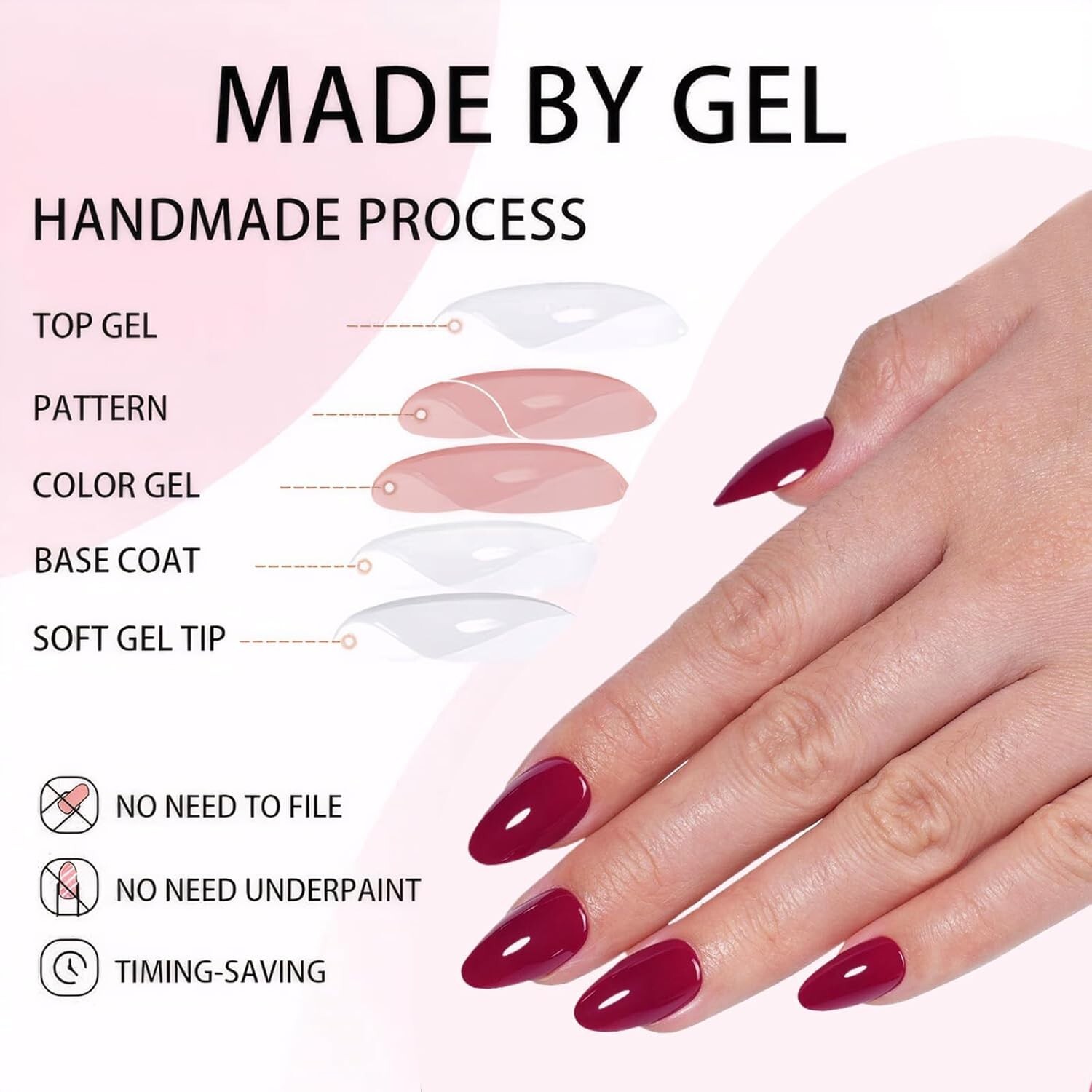 Press on Nails-Dark Red 32 Pcs Press on Nails Almond Press On Nails Short Reusab