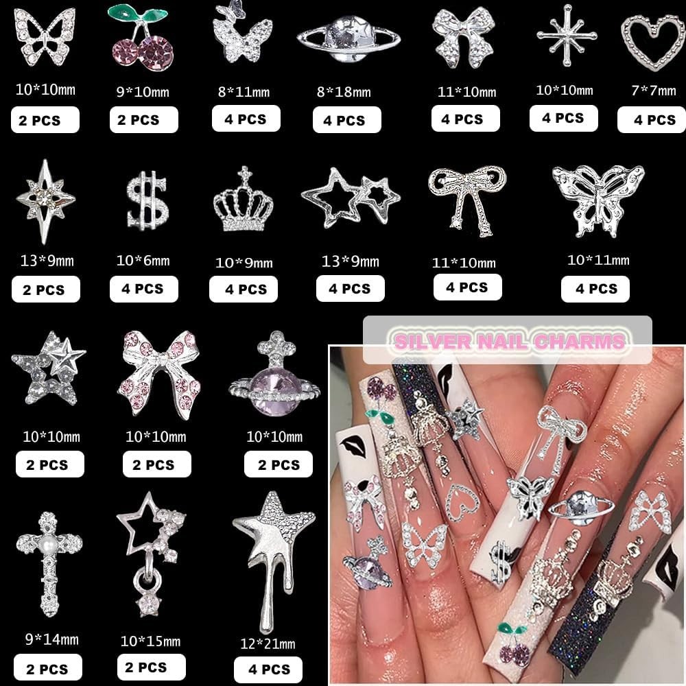 120 Pcs Silver Gold Nail Charms 3D Butterfly Cherry Star Bow Cross Planet Crown