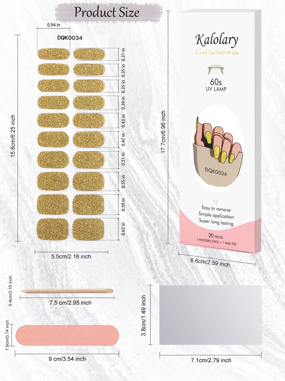 40PCS Gold Glitter Gel Nail Wraps Strips, Self Adhesive Full Nail Wraps,