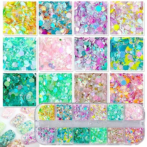 4 Boxes Nail Glitter Holographic Maple Chunky Glitter Flakes Mixed Shaped