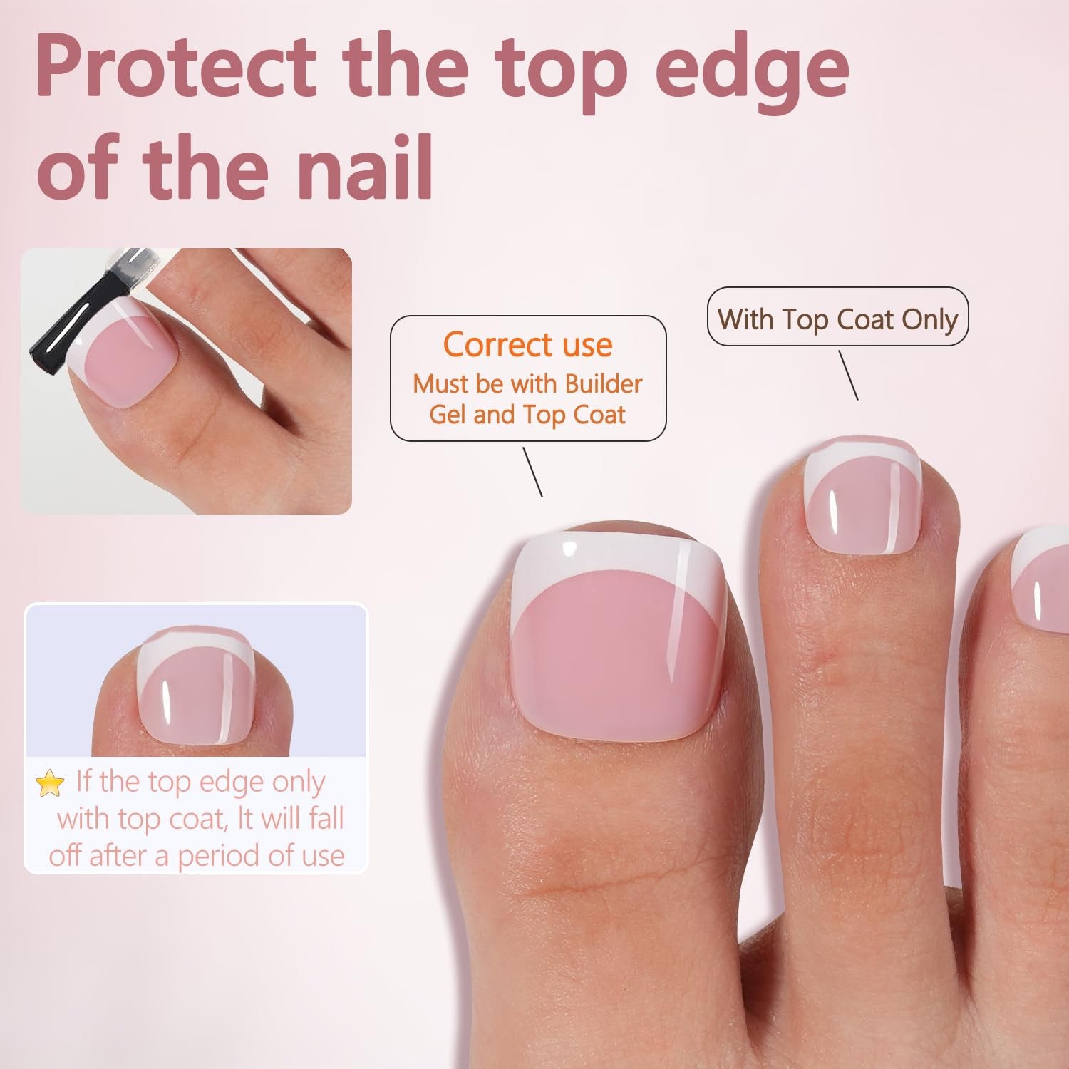 French Toe Nail Tips Press on Nails, Soft Gel Fake Toenail Pink
