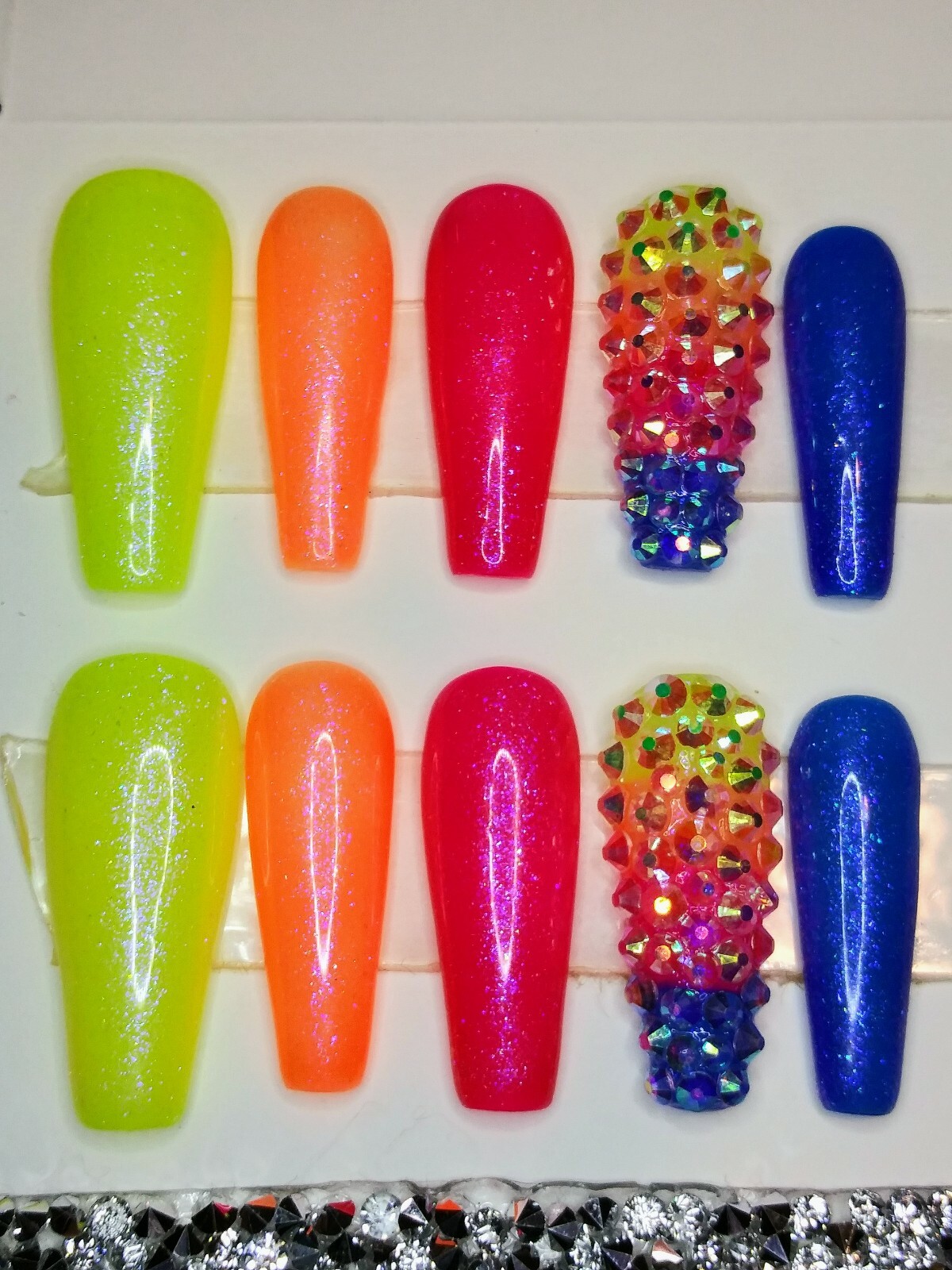 Neon Rainbow ombre bling nails w/ crystals Gel Press On nails long full set