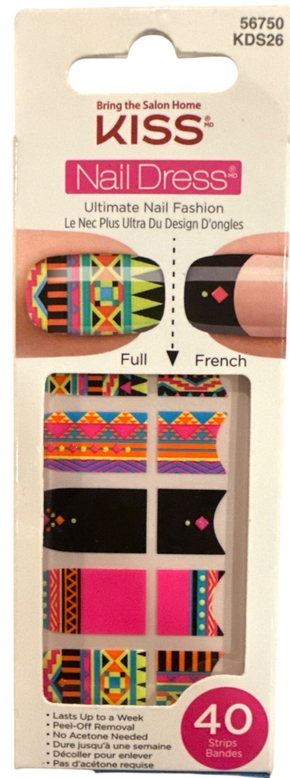 KISS 40 Strips NAIL DRESS Full+French AZTEC+BATIK Pink+Green+Orange+Black+Yellow